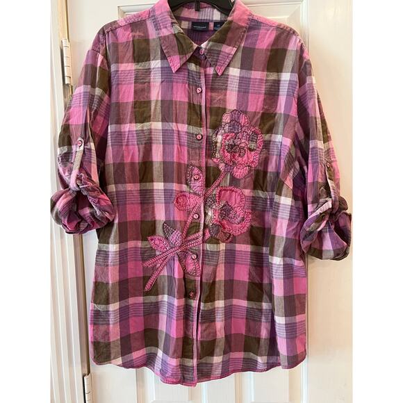 Westbound Tops - Westbound Womans 3X Plaid Applique Sequin Adorned Button Front Blouse Floral
